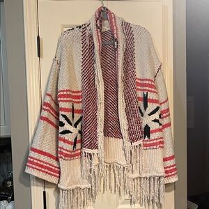 POL - Fringed Knit Cardigan with Red and Black Pattern Sz Small - Brand New